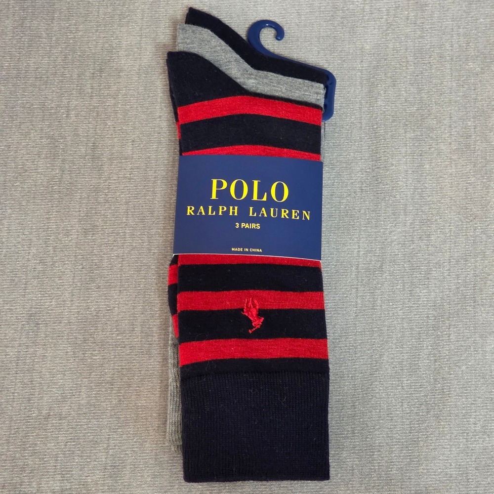 Polo Ralph Lauren Crew Socks Mens 10-13 Navy Red Gray 3 Pack Striped Designer